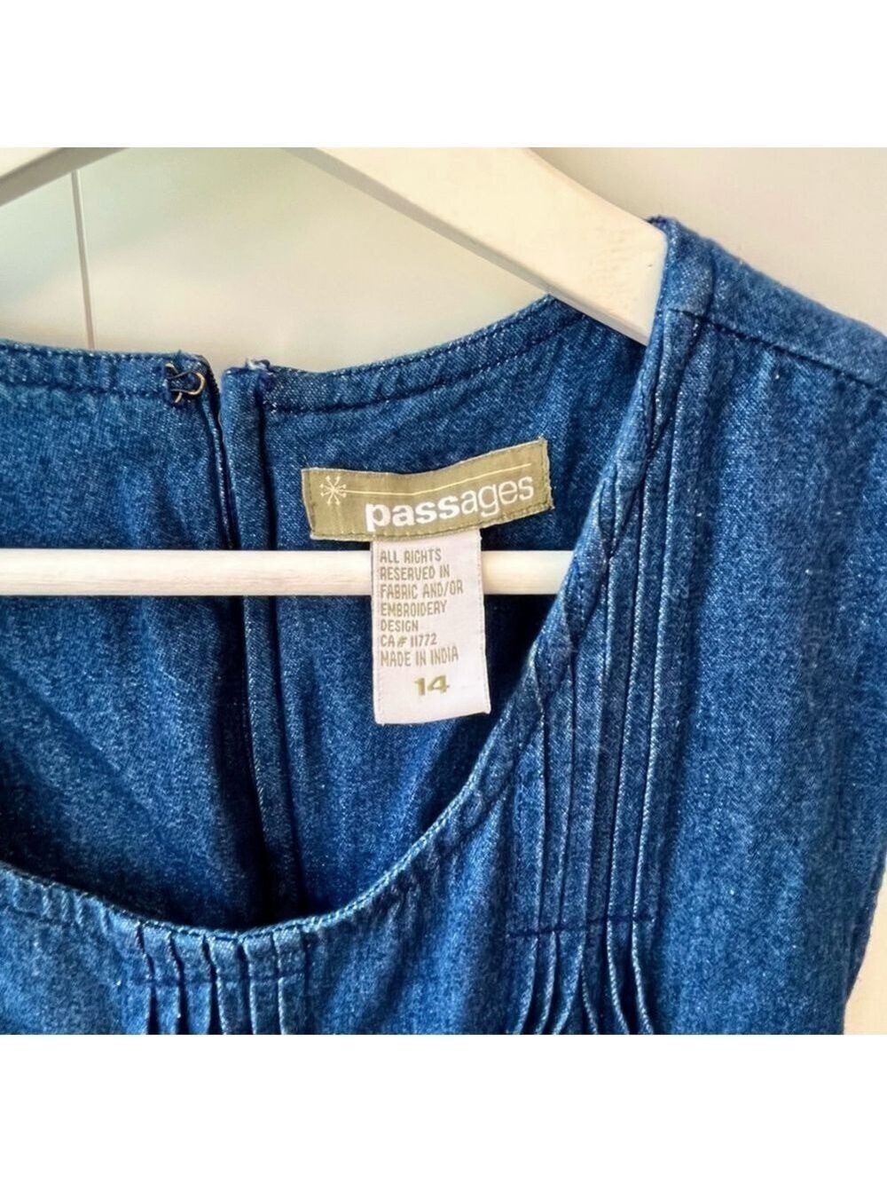 Vintage Denim Maxi Dress 100% Cotton Pintuck Embroidered Boho Cottagecore 14 - Picture 7 of 13